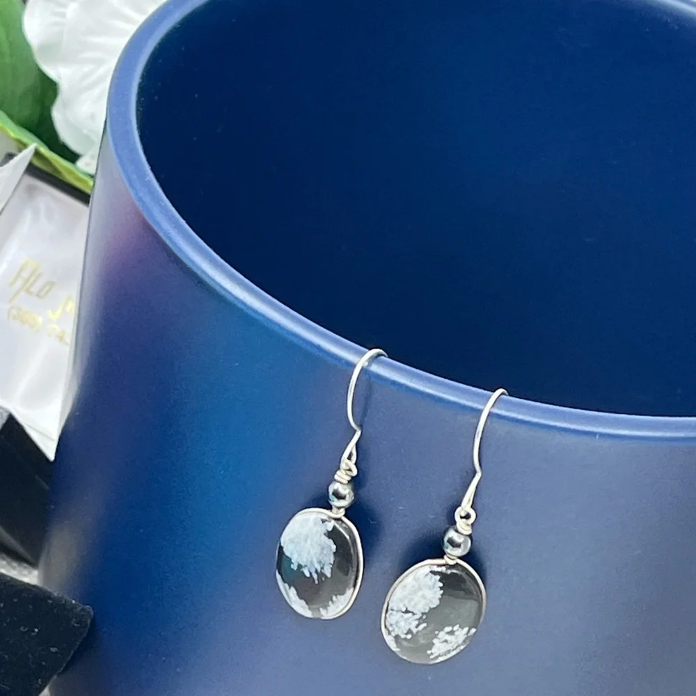 Handmade Vintage 1990's Snowflake Obsidian & Black Pearl Earrings - Picture 13 of 16